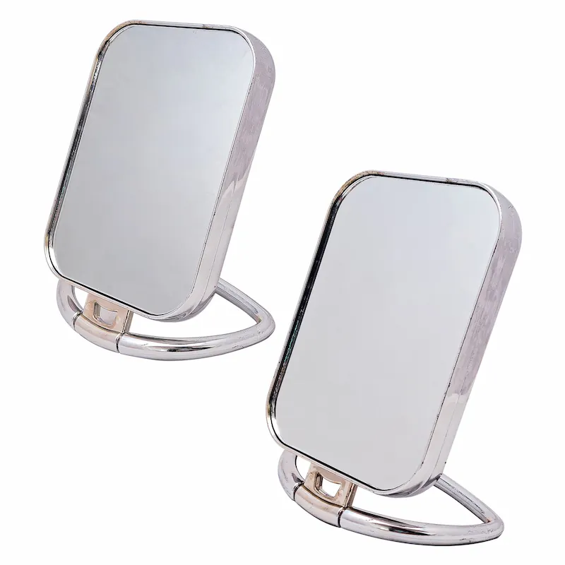 آینه آرایشی پایه دار و رومیزی دو طرفه با بدنه براق و طرح استیل (ساده و بزرگنمایی 5 برابر)