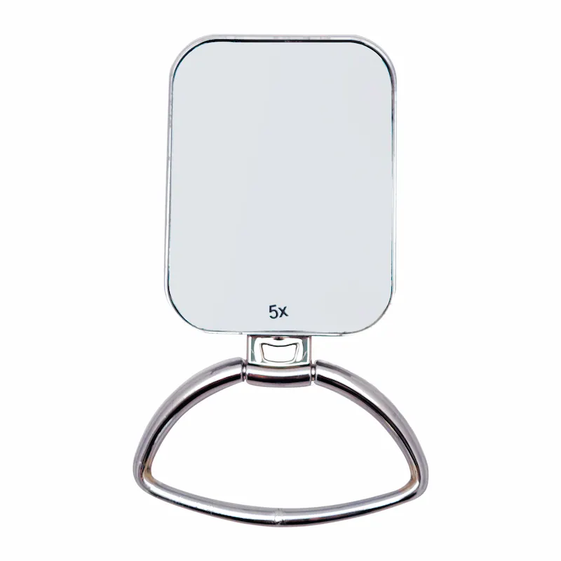 آینه آرایشی پایه دار و رومیزی دو طرفه با بدنه براق و طرح استیل (ساده و بزرگنمایی 5 برابر)